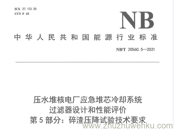 NB/T 20560.5-2021 pdf下载 压水堆核电厂应急堆芯冷却系统过滤器设计和性能评价 第5部分：碎渣压降试验技术要求