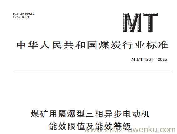 MT/T 1261-2025 pdf下载 煤矿用隔爆型三相异步电动机能效限制及能效等级