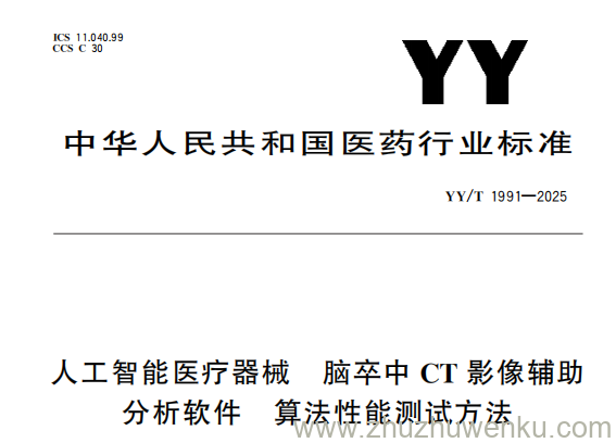YY/T 1991-2025 pdf下载 人工智能医疗器械 脑卒中CT影像辅助分析软件 算法性能测试方法