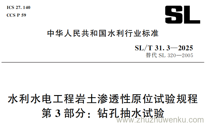 SL/T 31.3-2025 pdf下载 水利水电工程岩土渗透性原位试验规程 第3部分：钻孔抽水试验_